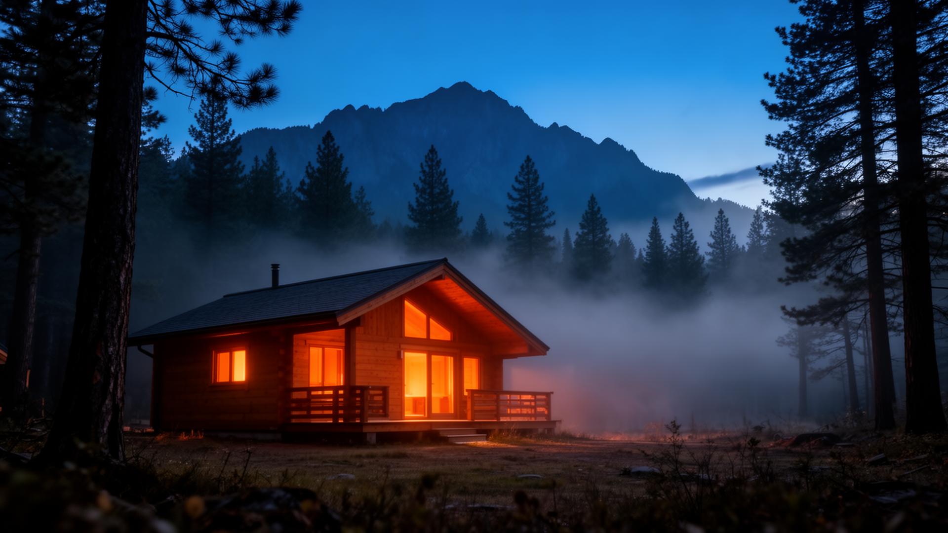 Mountain cabin at dusk surrounded by misty pines