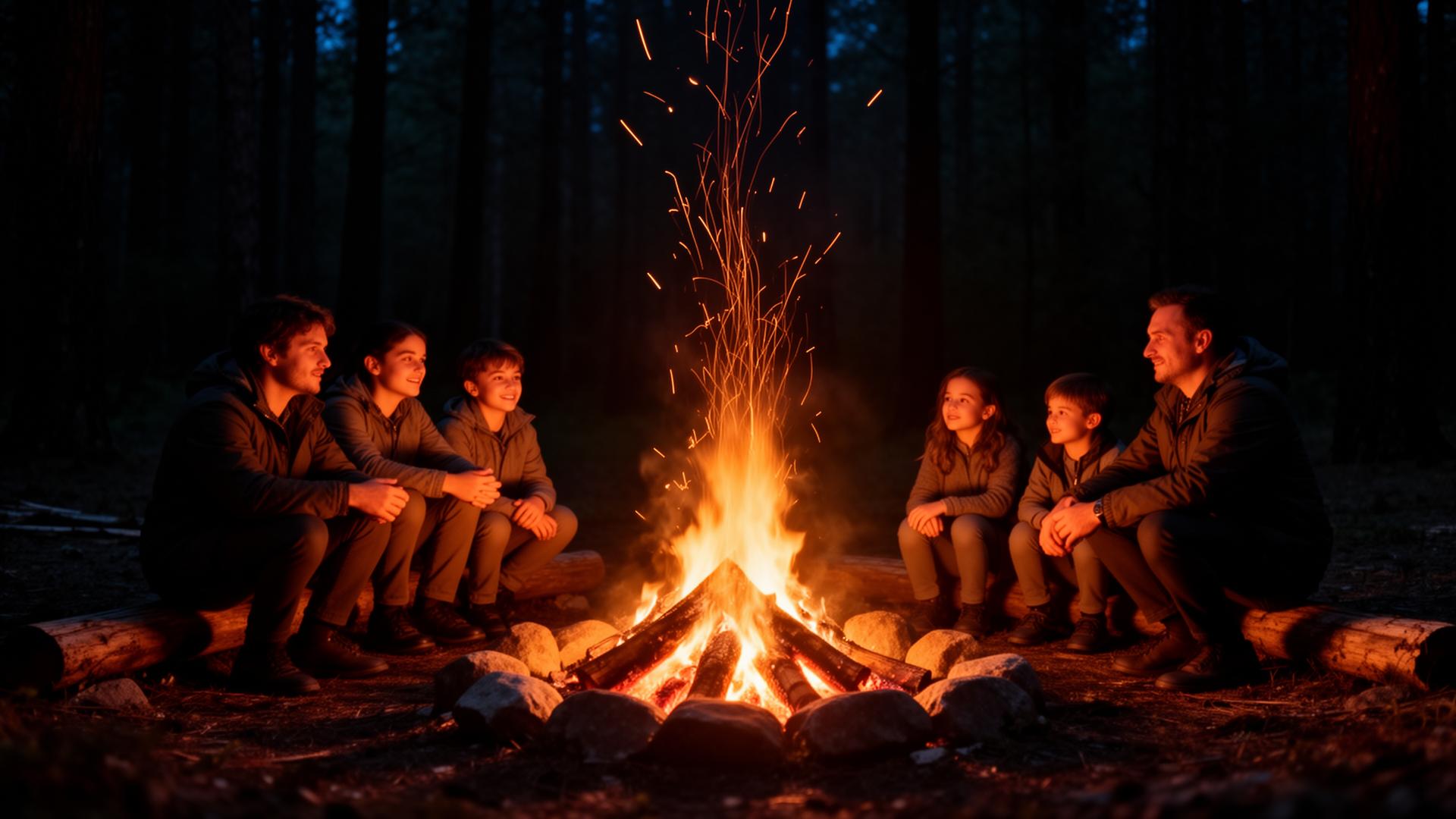 Family gathered around a campfire in a forest at night